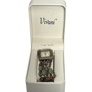 Vivani Women's Beaded Bracelet Watch Square Gold Tone Case Quartz Movement